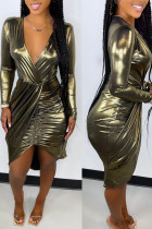 Gold Sexy Solide Patchwork Falten Asymmetrische V-Ausschnitt Unregelmäßige Kleider