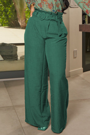 Чернильно-зеленый Повседневный Элегантный однотонный пэчворк с поясом Прямые широкие брюки Сплошной цвет Низ