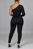 Zwarte sexy casual patchwork doorschijnende skinny jumpsuits met schuine kraag
