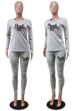 White Casual Print Letter O Neck Long Sleeve Two Pieces