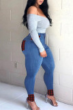 Mörkblått Mode Casual Plädtryck Patchwork Skinny Jeans med hög midja