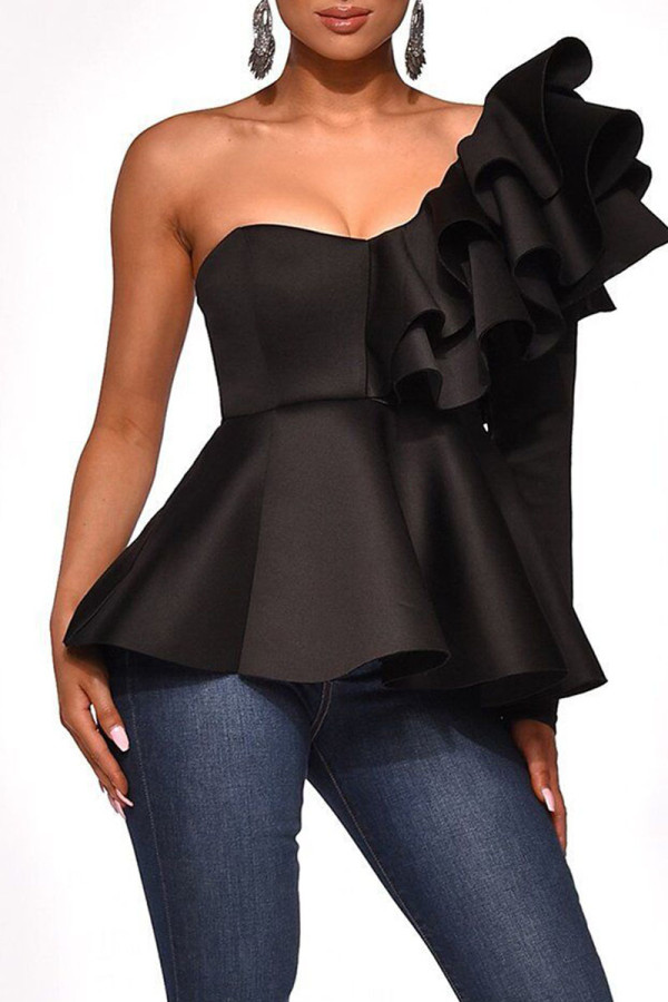 Black One Shoulder Collar Long Sleeve Solid Patchwork ruffle