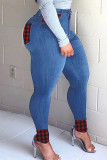 Mörkblått Mode Casual Plädtryck Patchwork Skinny Jeans med hög midja