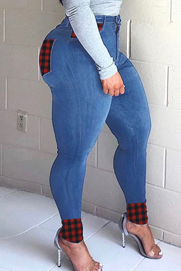 Medium blauwe mode casual geruite print patchwork hoge taille skinny denim jeans