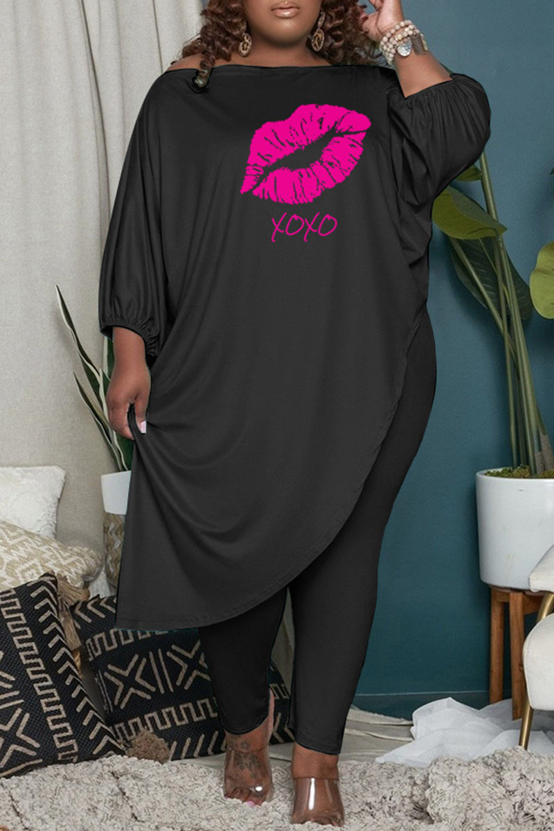 

Black Fashion Casual Letter Lips Printed Asymmetrical O Neck Plus Size Two Pieces