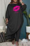 Pink Fashion Casual Letter Lips Printed Asymmetrical O Neck Plus Size Two Pieces