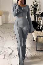 Grey Fashion Casual Solid Patchwork O Neck Two Pieces