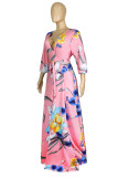 ピンク ファッション カジュアル プラス サイズ プリント バンデージ V ネック ロング ドレス