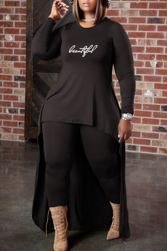 Black Casual Print Patchwork Asymmetrical O Neck Long Sleeve Two Pieces