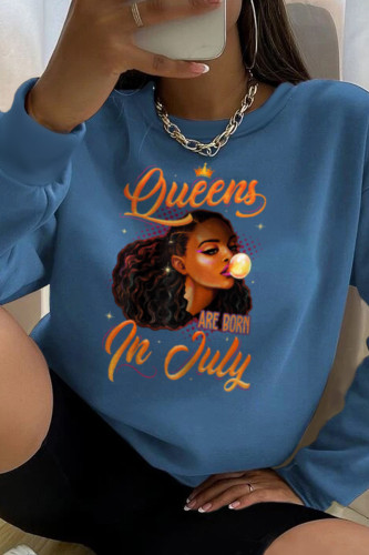 Blue Fashion Street Print Patchwork Letter O Neck Tops