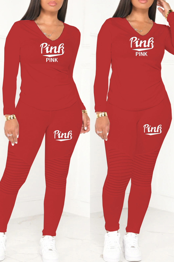 Red Casual Print Letter O Neck Long Sleeve Two Pieces