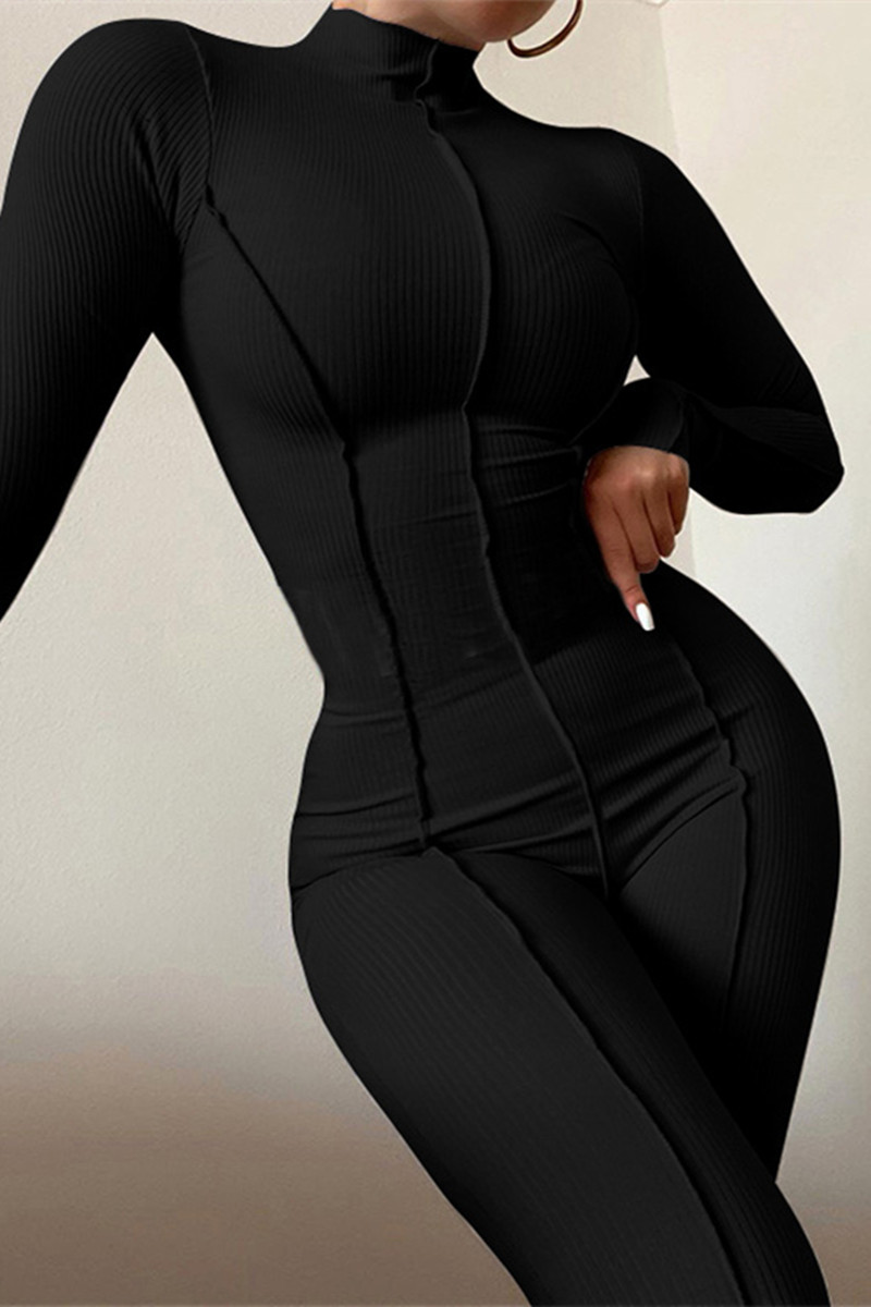 

Black Fashion Casual Solid Split Joint Turtleneck Skinny Jumpsuits