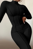 Black Fashion Casual Solid Split Joint Turtleneck Skinny Jumpsuits