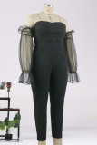Zwarte mode sexy patchwork effen backless off-shoulder skinny jumpsuits