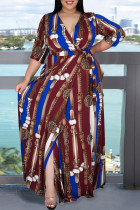Бордовое модное повседневное платье больших размеров с принтом и V-образным вырезом, длинное платье