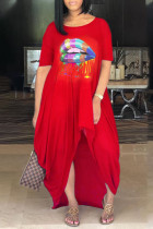 Vestido irregular con cuello en O de patchwork con estampado casual rojo Vestidos
