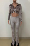 Champagne Sexy Solid Patchwork Fold V Neck Long Sleeve Two Pieces