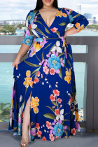 ブルー ファッション カジュアル プラス サイズ プリント バンデージ V ネック ロング ドレス