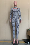 Black Fashion Casual Print Hollowed Out Turtleneck Skinny Jumpsuits