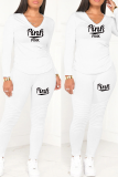 White Casual Print Letter O Neck Long Sleeve Two Pieces