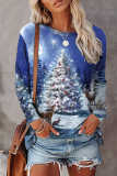 Blue Casual Street Character Snowflakes Christmas Tree Printed Basic O Neck Tops