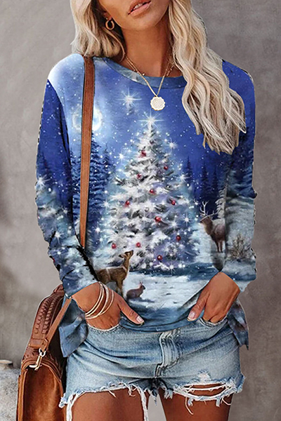 Blue Casual Street Character Snowflakes Christmas Tree Printed Basic O Neck Tops