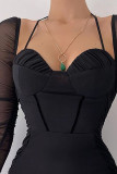 ブラック セクシー ソリッド パッチワーク ホルター ワン ステップ スカート ドレス