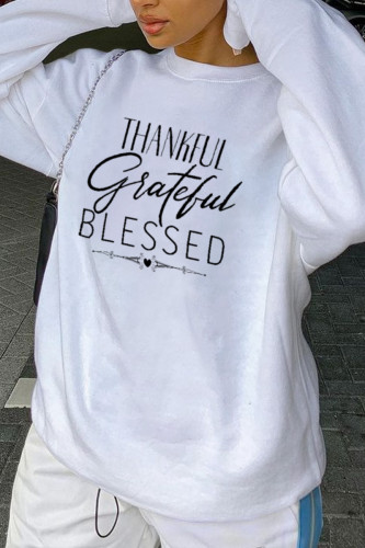 White Fashion Casual Print Patchwork Letter O Neck Tops