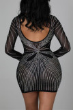 Черное сексуальное лоскутное прозрачное платье с длинным рукавом и горячим вырезом
