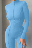 Light Blue Fashion Casual Solid Split Joint Turtleneck Skinny Jumpsuits