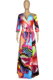 ブルゴーニュ ファッション カジュアル プラス サイズ プリント包帯 V ネック ロング ドレス