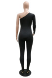 Black Sexy Casual Patchwork See-through Oblique Collar Skinny Jumpsuits