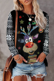 Top basic con scollo a O stampato con fiocchi di neve e albero di Natale casual bordeaux con personaggi di strada