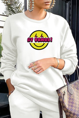 White Fashion Casual Character Patchwork O Neck Tops