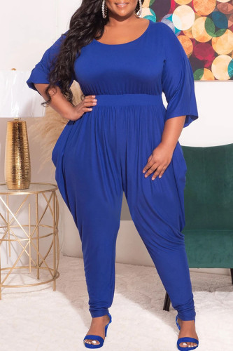 Blue Casual Solid Patchwork Fold O Neck Plus Size Jumpsuits