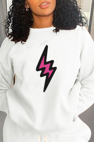 White Casual Street Print Patchwork O Neck Tops