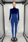 Deep Blue Sexy Solid Patchwork Turtleneck Skinny Jumpsuits