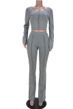 Grey Fashion Casual Solid Patchwork O Neck Two Pieces