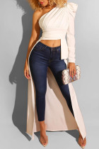 White One Shoulder Collar Long Sleeve asymmetrical crop top Solid