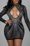 Черное сексуальное лоскутное прозрачное платье с длинным рукавом и горячим вырезом