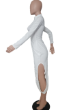Robe irrégulière blanche à imprimé sexy et demi-col roulé en patchwork