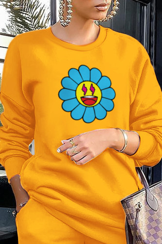Yellow Fashion Casual Print Patchwork O Neck Tops