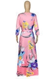 Rosa Mode Casual Plus Size Print Bandage V-hals lång klänning