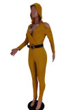 Yellow Fashion Casual Solid Hollowed Out V Neck Regular Jumpsuits (With Belt)