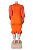 Orange Fashion Casual Solid Patchwork O Neck Long Sleeve Plus Size Dresses