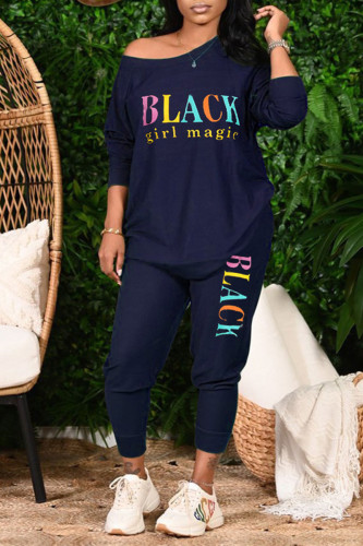 Blue Casual Letter Print Patchwork O Neck Long Sleeve Two Pieces