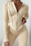 Khaki Casual Solid Patchwork Asymmetrical Zipper Long Sleeve Two Pieces