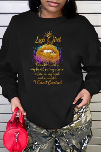 Black Fashion Vintage Lips Printed Patchwork Letter O Neck Tops