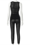 Black Sexy Casual Solid Slit Vests O Neck Sleeveless Two Pieces