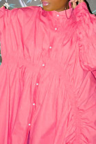 Roze casual effen patchwork gesp vouw asymmetrische mandarijn kraag overhemdjurk jurken